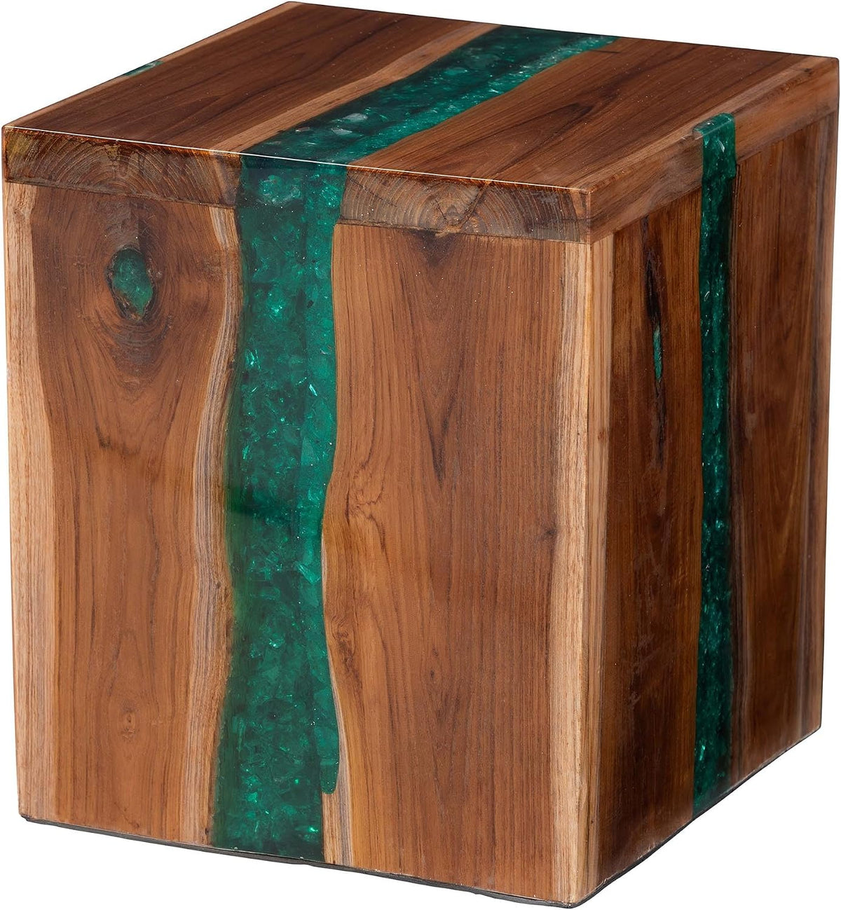 Bali & pari ANAN Teak Wood Epoxy Resin End Table - Live Edge Cube Side Table, Handcrafted Modern Rustic Accent Table for Living Room or Bedroom, Cube