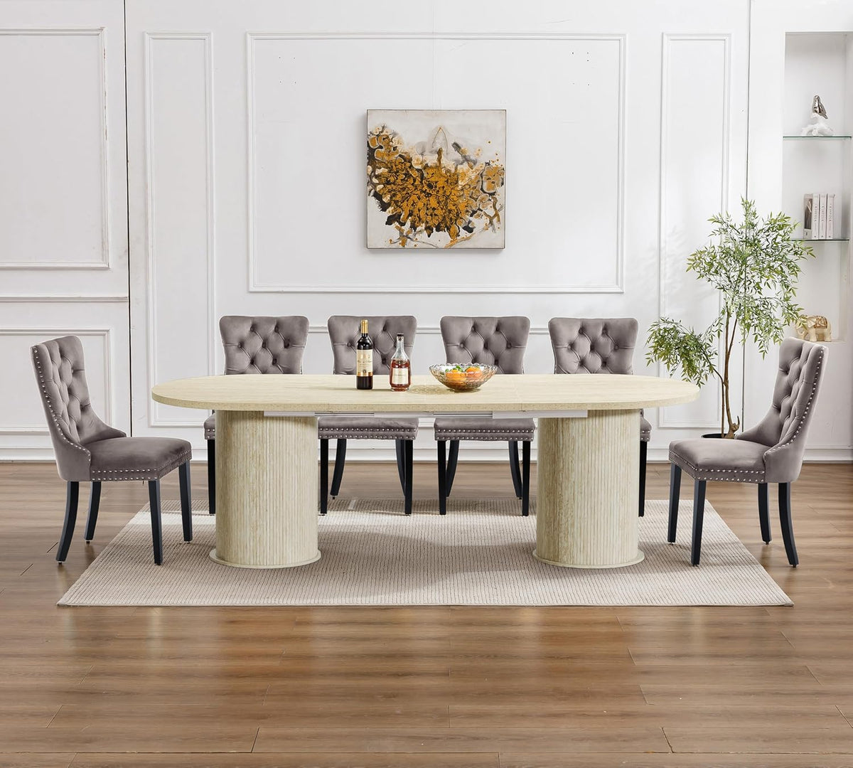 63"-94" Large Oval Extendable Dining Table for 6 8 10, Faux Travertine Expandable Kitchen Table with 2 Storage Base & Sliding Doors, Modern Farmhouse Dining Table for Dinner Party Family Gathering