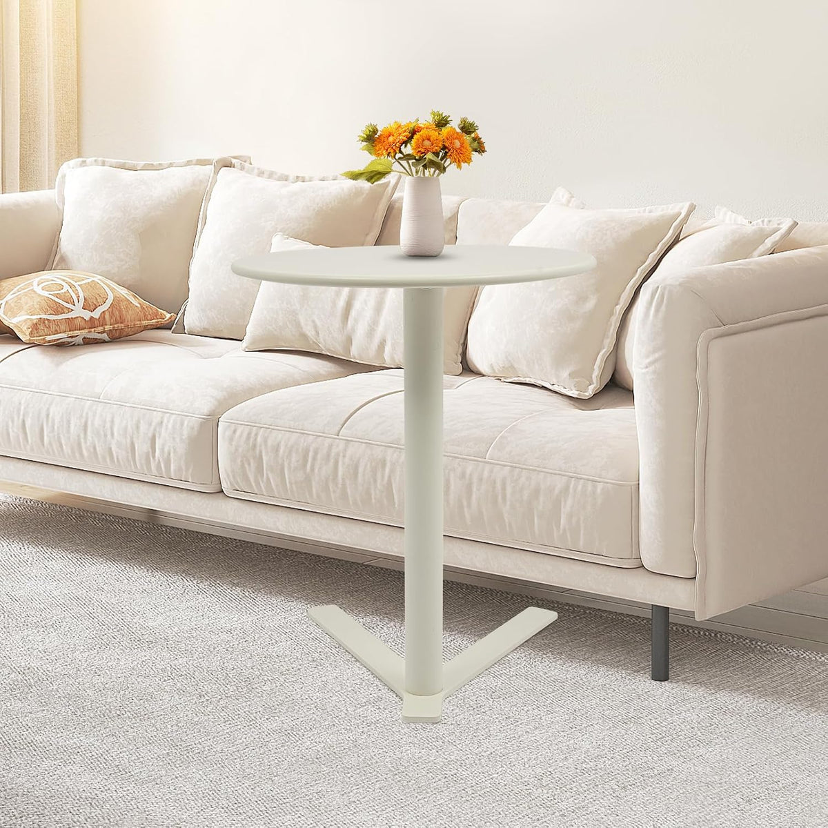 Round Side Table, Small C Shaped End Table, Couch Side Table, Modern Coffee Table, Bedside Snack Table with Y Shaped for Living Room Bedroom Office Apartment (White, 18.9x22in)