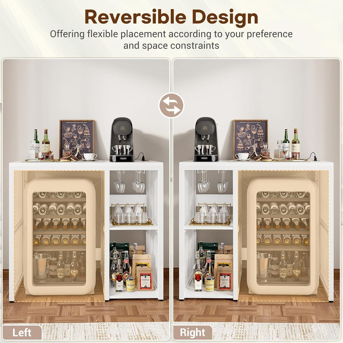 Homieasy Mini Fridge Cabinet with Power Outlet, Coffee Bar Cabinet, White | Mini Fridge Space, Industrial Liquor Cabinet with Wine Storage & Glass Holder for Dorm, Living Room, Home Kitchen
