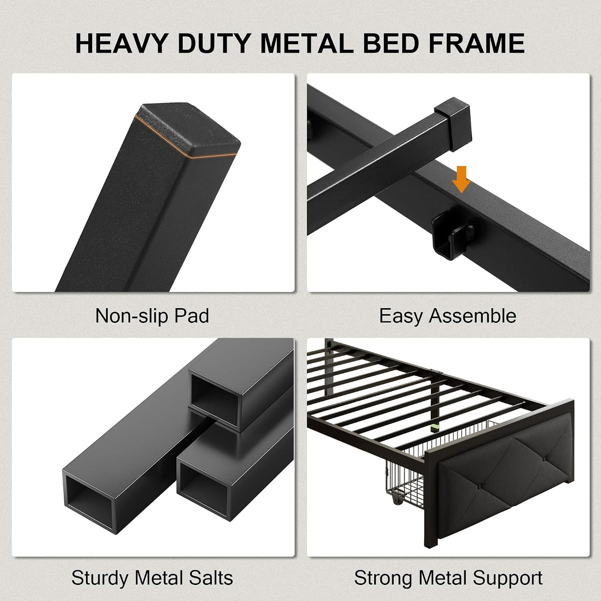 Einhomn Full Size Bed Frame with 2 Storage Drawers, Metal Platform Bed with Charging Station, Upholstered Linen Button Tufted Storage Headboard, No Box Spring Needed, Easy Assembly, Noise Free, Black