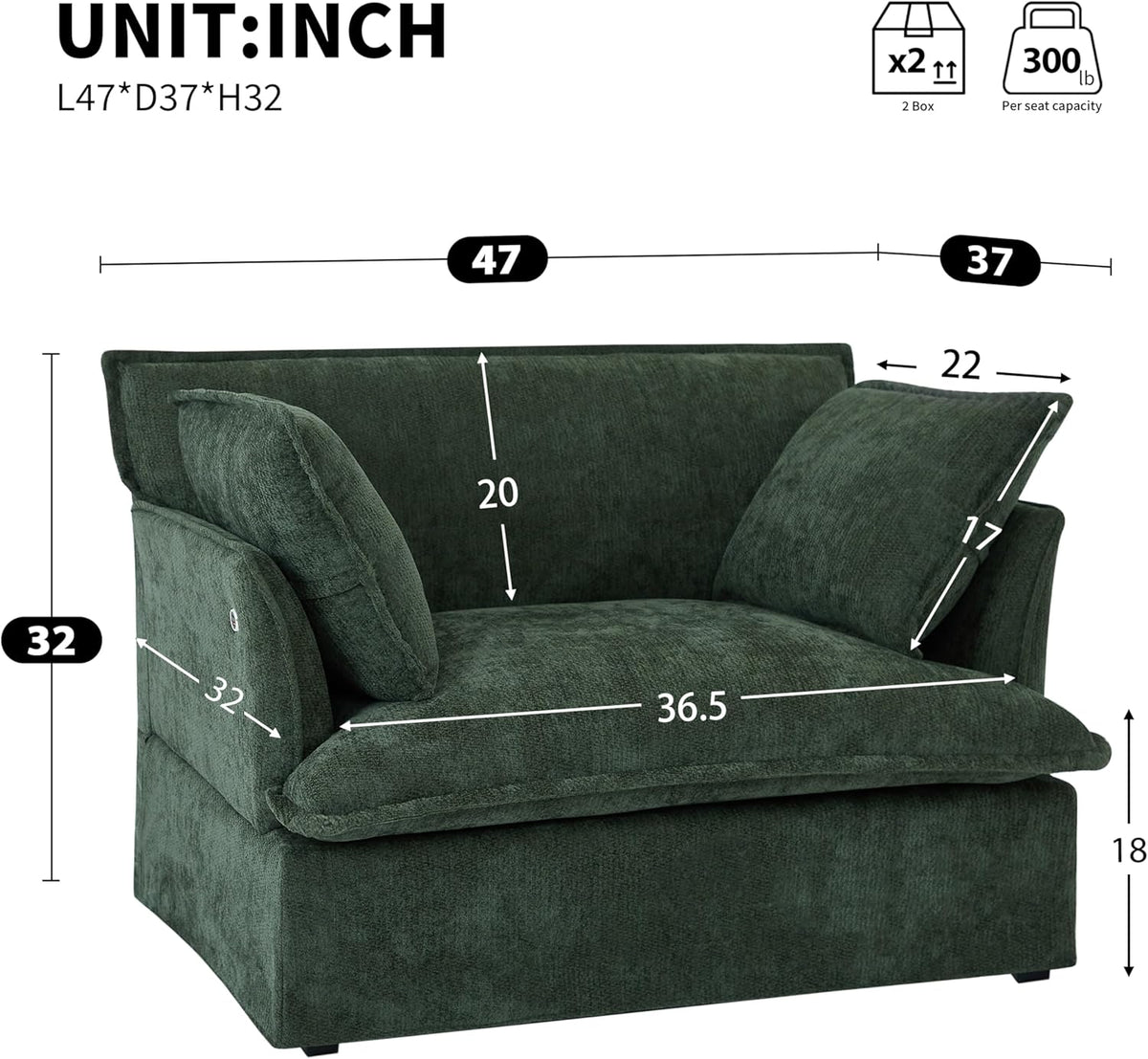 ERYE 47" Chenille Upholstered Accent Chair Wide Seat Armchair for Living Room Bedroom, Modern Upholstered Armchair W/ 2 Pillows and USB-C Ports for Home Apartment Office