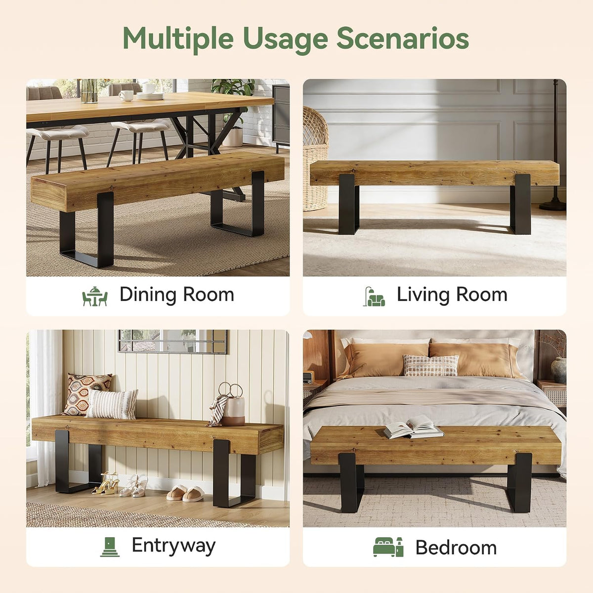 Solid Wooden Entryway Bench, 63" Farmhouse Indoor Shoe Bench with Metal Legs, Industrial Long End of Bed Stool with Seating for Entry, Hallway, Porch, Living Room, Mudroom, Easy Assembly