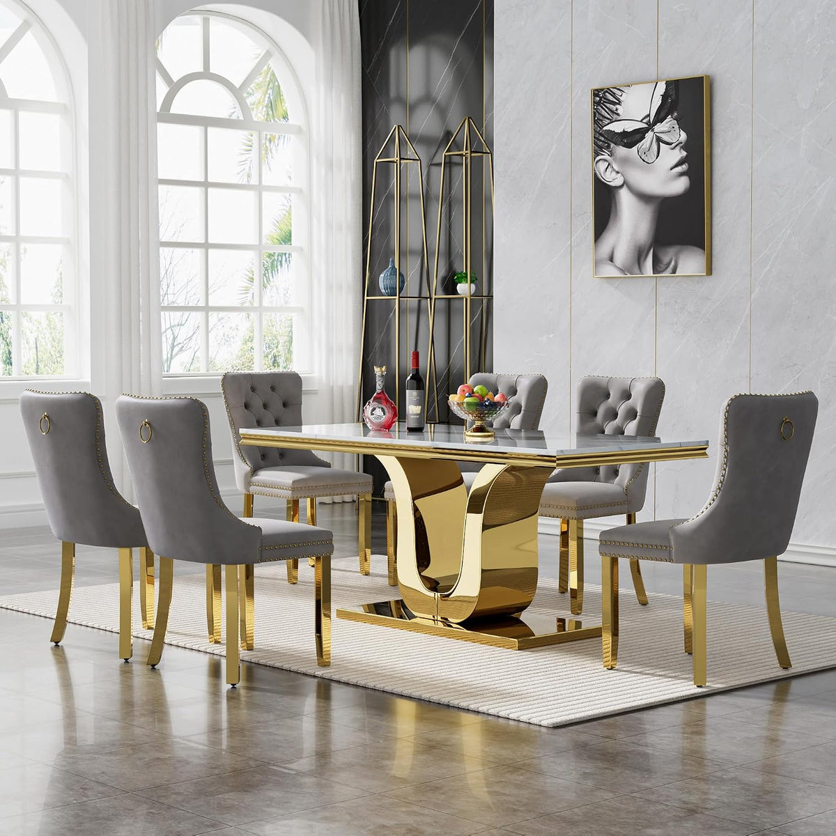 SSLine 68'' Marble Dining Table,Luxury Rectangular Kitchen Dining Room Table,Dining Table for 4-8 People with Gold U-Shape Stainless Steel Base for Kitchen Apartment