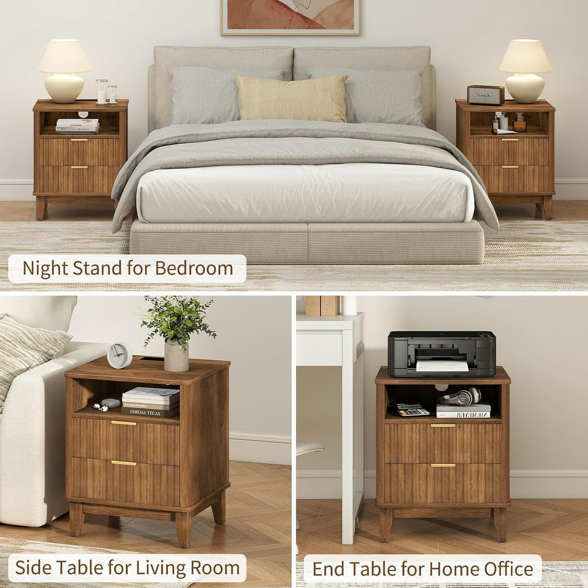 Night Stand Set of 2 with Charger Station, Fluted Nightstand with Drawers and Storage Shelf, Mid Century Modern Bedside Table Nightstands, Large Bed Side Table Wood Night Stands for Bedroom