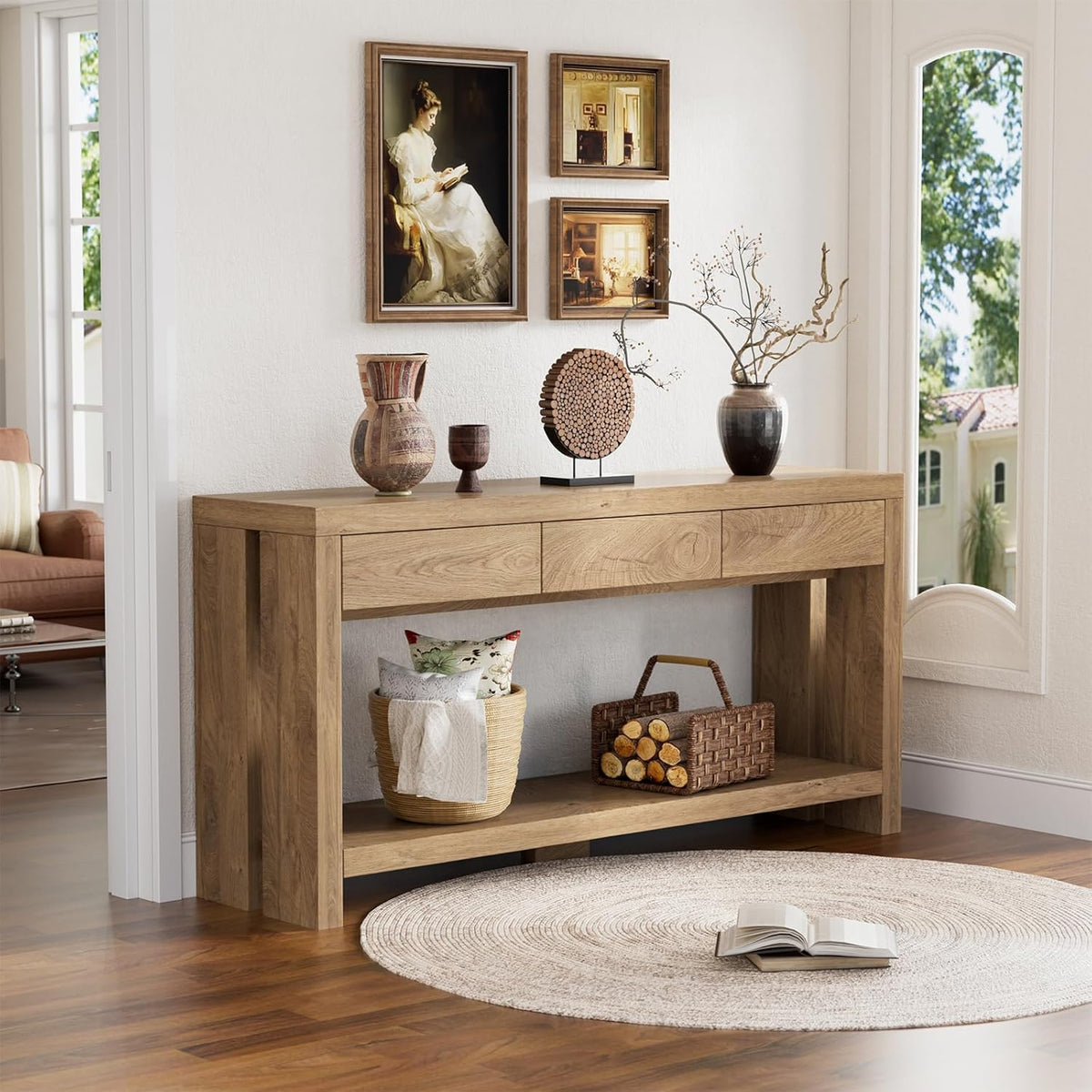 PAKASEPT 63'' Wood Console Table with Drawers, Farmhouse Entryway Table with Open Storage Shelf,Couch Table Behind,Long Foyer Tables for entryway, Sofa for Living Room Hallway,Natural
