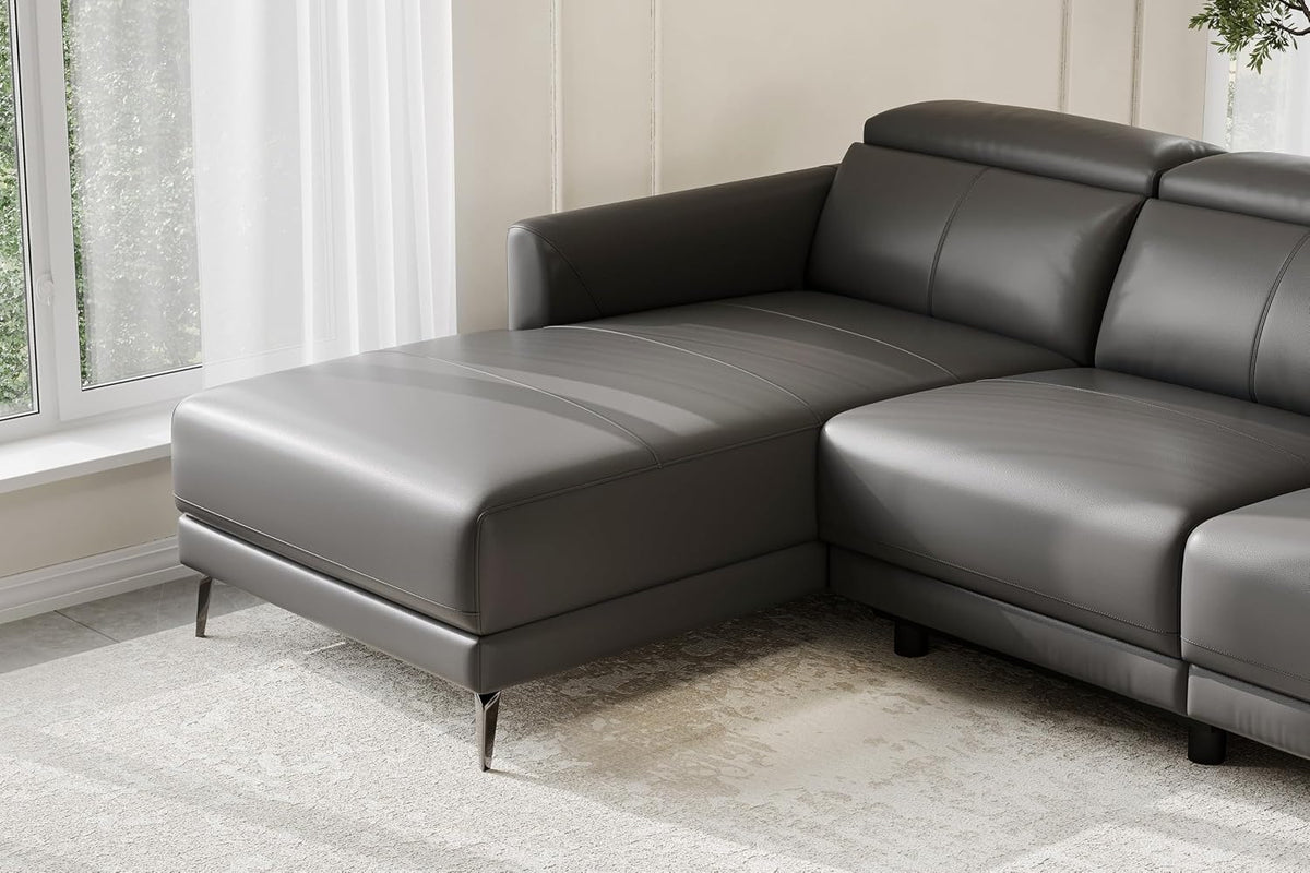 Valencia Andria 99.5" Reclining Leather Sectional Sofa, Reclining Couch with Left Hand Chaise | Italian Nappa 11000 Top Grain Leather | Power Reclining Seat with Adjustable Headrests - Cloudy Grey