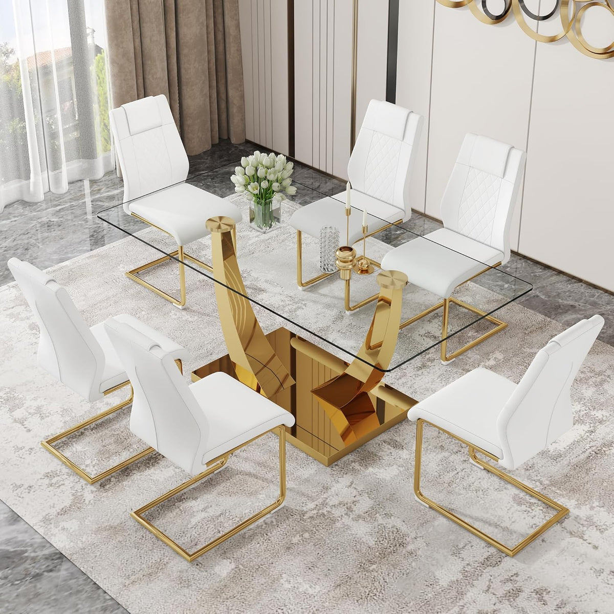 Glass Dining Table Set for 6, Modern Kitchen Table Set for 6, 71" Tempered Glass Tabletop with U-Shaped Gold Base, 7 Ppiece Large Dining Room Table Set with White PU Leather Chairs
