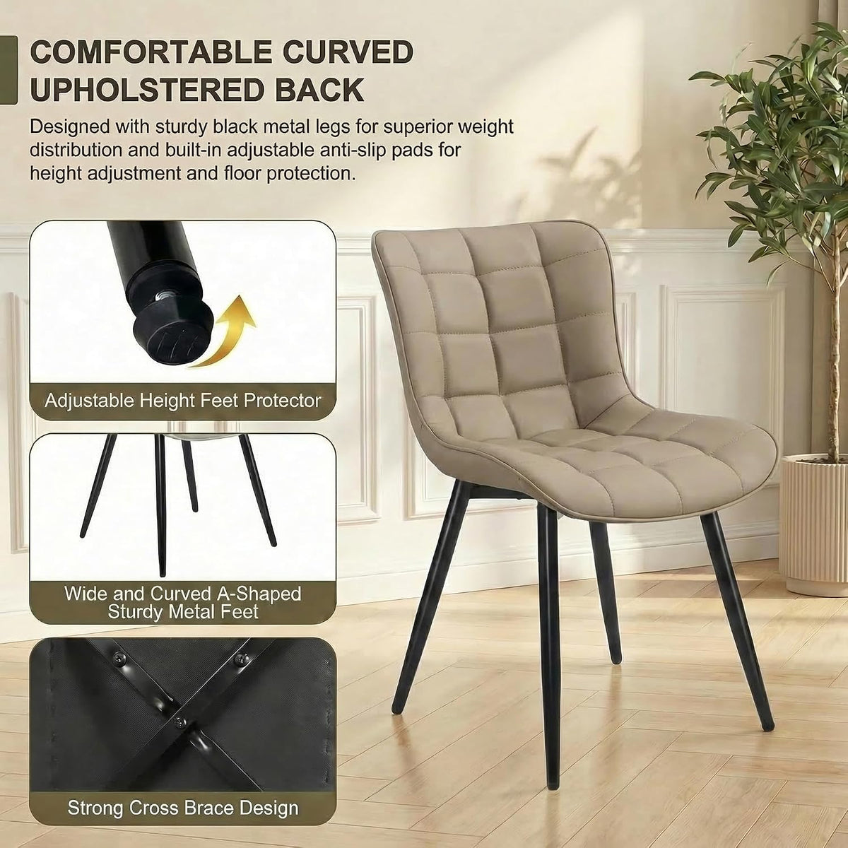 YOUTASTE Khaki Dining Chairs Set of 2, Comfy Faux Leather Upholstered Kitchen Chairs with Black Metal Legs, Mid-Century Modern Design, Accent Chair for Dining Room, Bedroom, Reception