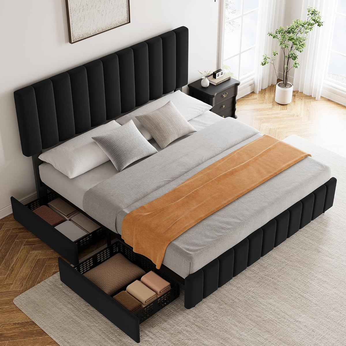 Garvee King Size Bed Frame, Linen Bed Frame with 4 Storage Drawers, Black