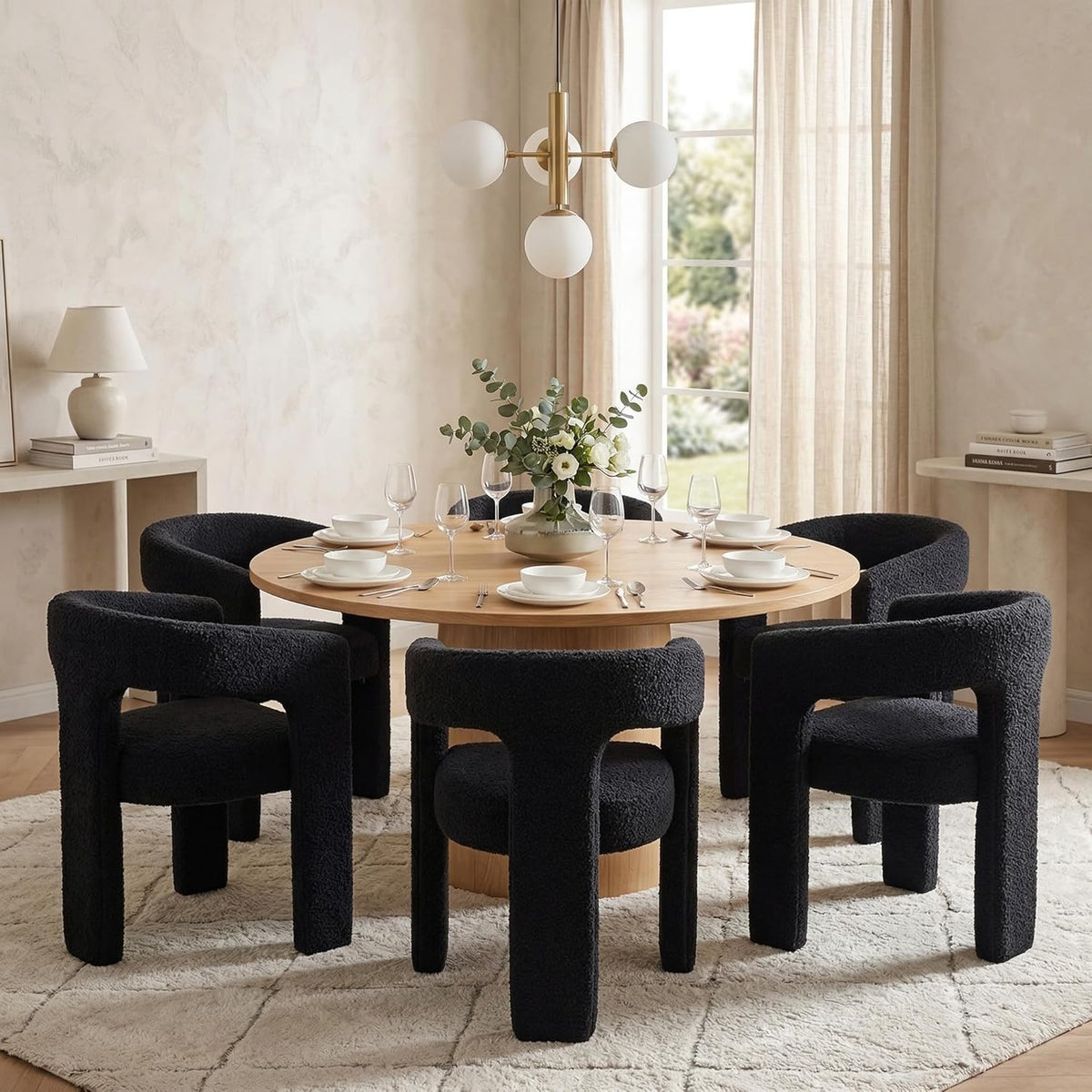 HNY Modern Barrel Kitchen & Dining Room Chairs Set of 6, Sherpa Upholstered Accent Chairs with Arm, 18.5'' Wide Side Armchairs Vanity Chairs for Living Room Bedroom Makeup Small Spaces, Black