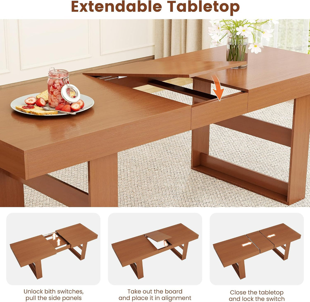 Extendable Dining Room Table for 6-10, 70.9"-78.7" Long Kitchen Table with Thick Tabletop, Space Saving Modern Dinner Table with Solid Wood Legs for Kitchen Dining Living Room, Walnut