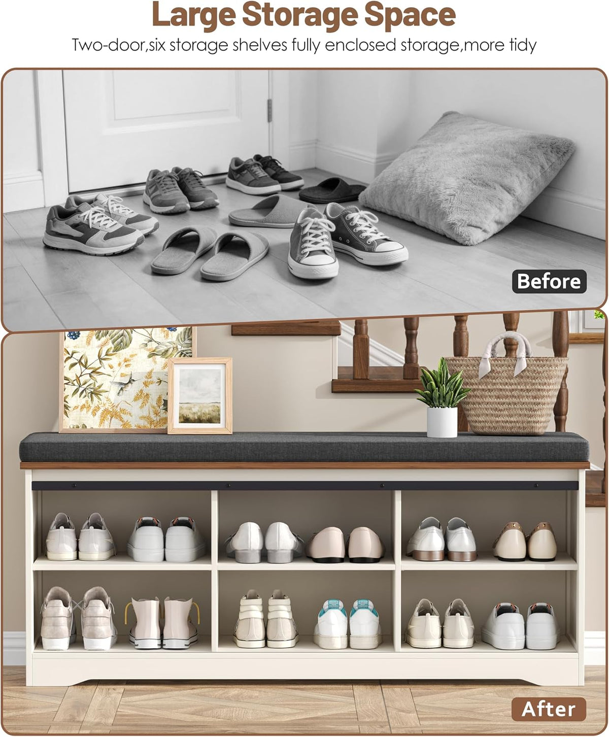 Farmhouse Storage Bench with Cushion, 47.2" Shoe Bench with Slide Barn Doors and Adjustable Shelves, Entryway Bench with Storage for Bedroom, Closet, Living Room, Hallway, White