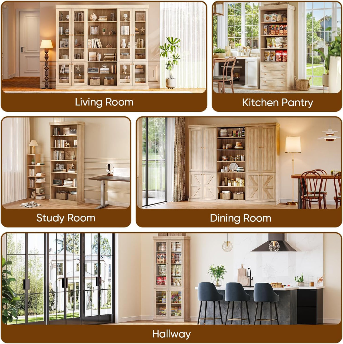 ivaniti 70.8" Tall Farmhouse Bookshelf with Glass Doors, Modular Bookcase with 6-Tier Adjustable Shelves, Large Storage Cabinet for Kitchen, Living Room, Brown, Set of 4