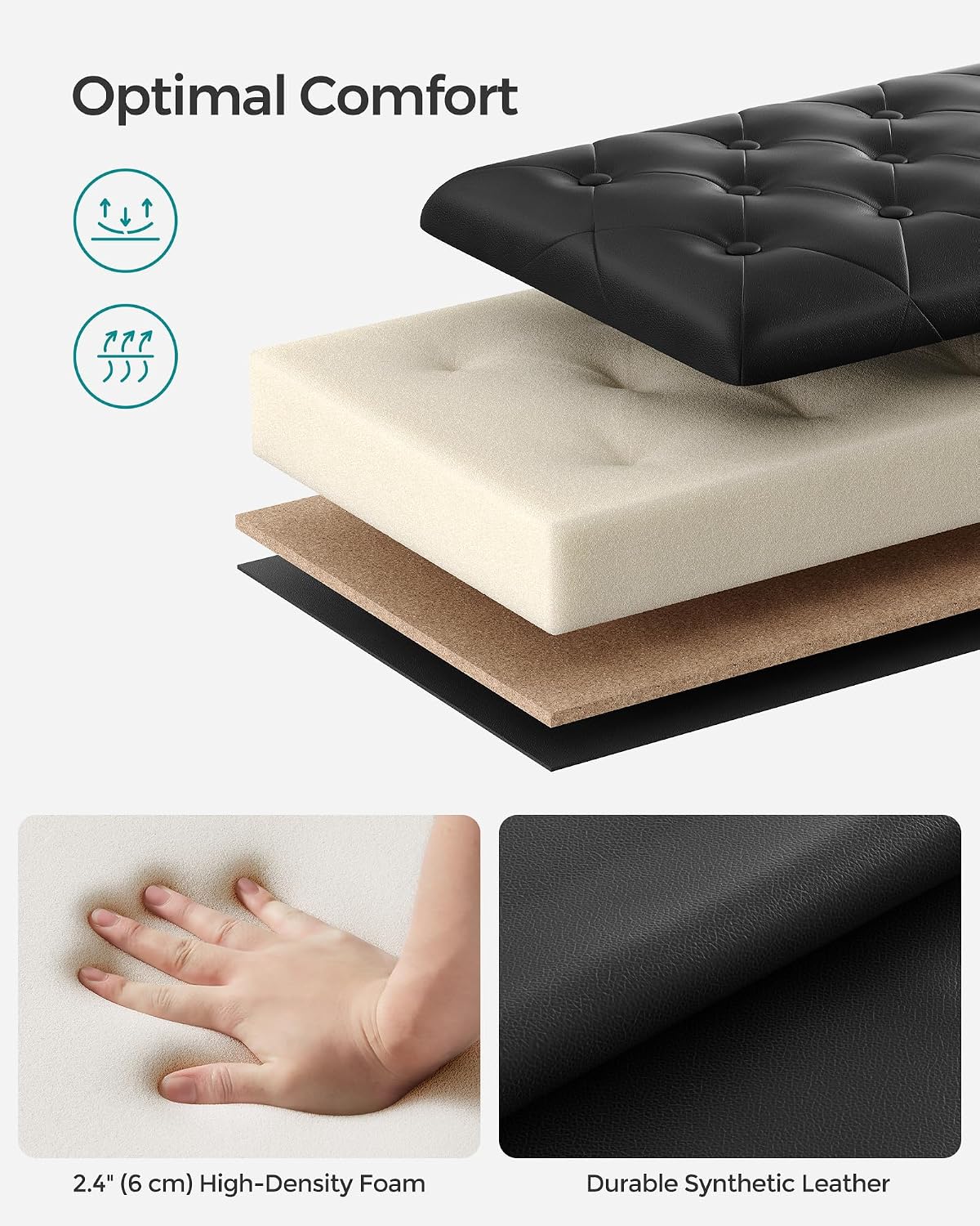 SONGMICS Storage Ottoman, 46.5 Inches Long Bed End Stool, Solid Wood Legs | Buttons Decoration, Non-Slip Foot Pads, 330.7 lb Load Capacity, Ink Black, MACEO Collection ULOM071B01