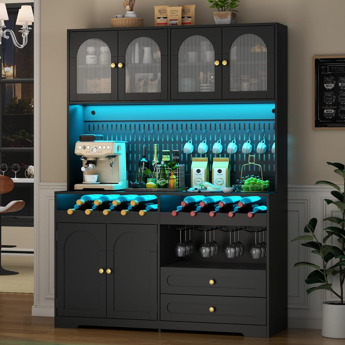 71'' Tall Kitchen Pantry Storage Cabinet, Modern Kitchen Hutches Storage Cabinet with Countertop, LED Black Pantry Cabinet with Wine & Glass Rack, 47'' Extra Wide Pantries with DIY Pegboard & Drawers