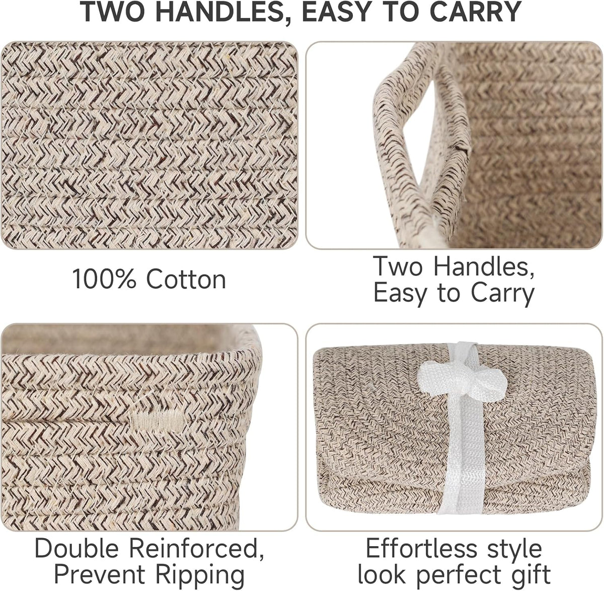 3 Pack Small Storage Baskets for Organizing, 11.8×7.8×5.1", Mixed Brown | Woven Baskets for shelves, Cotton Rope Basket for Gifts Empty, Closet Organizer Bins with Handles, Cube Decorative Box