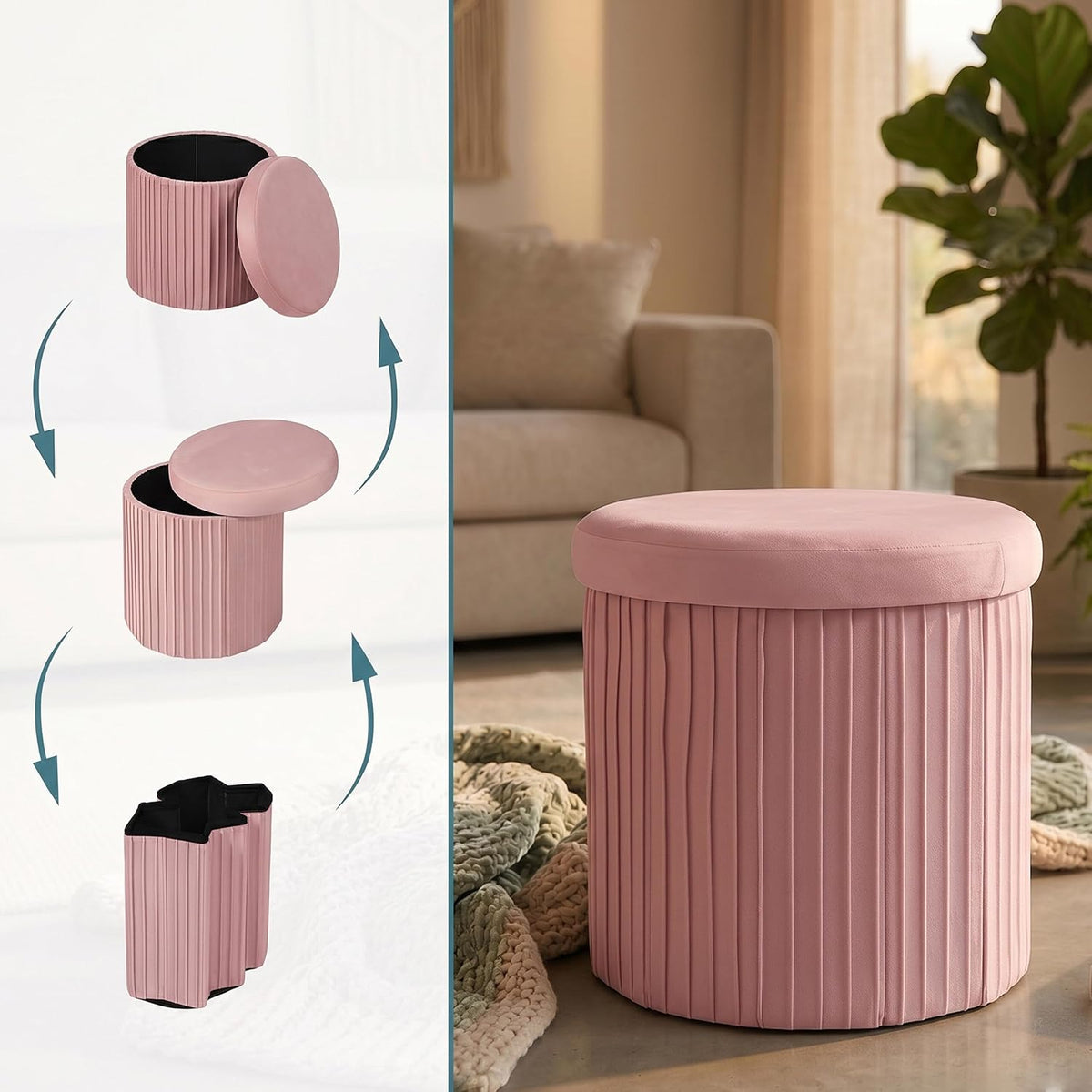 Relaxdays Velvet Stool with Storage Space Padded Foldable H 38 x D 38 cm Round Side Stool Pink