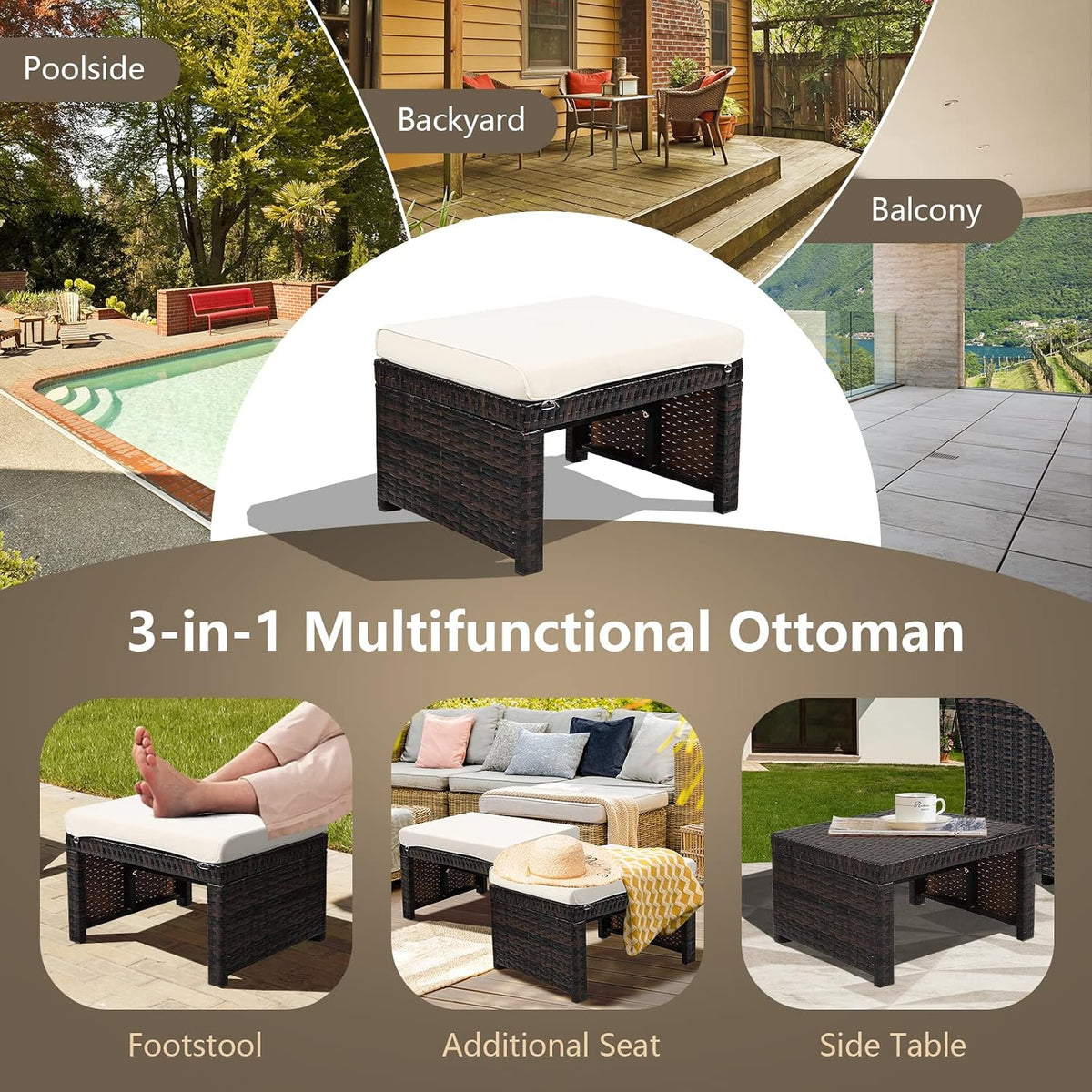 2-Piece Wicker Ottomans, Outdoor Rattan Foot Rest Set of 2 w/Removable Cushions, Multipurpose Foot Stool, Side Table & Additional Seating for Patio, Backyard & Poolside (Off White)