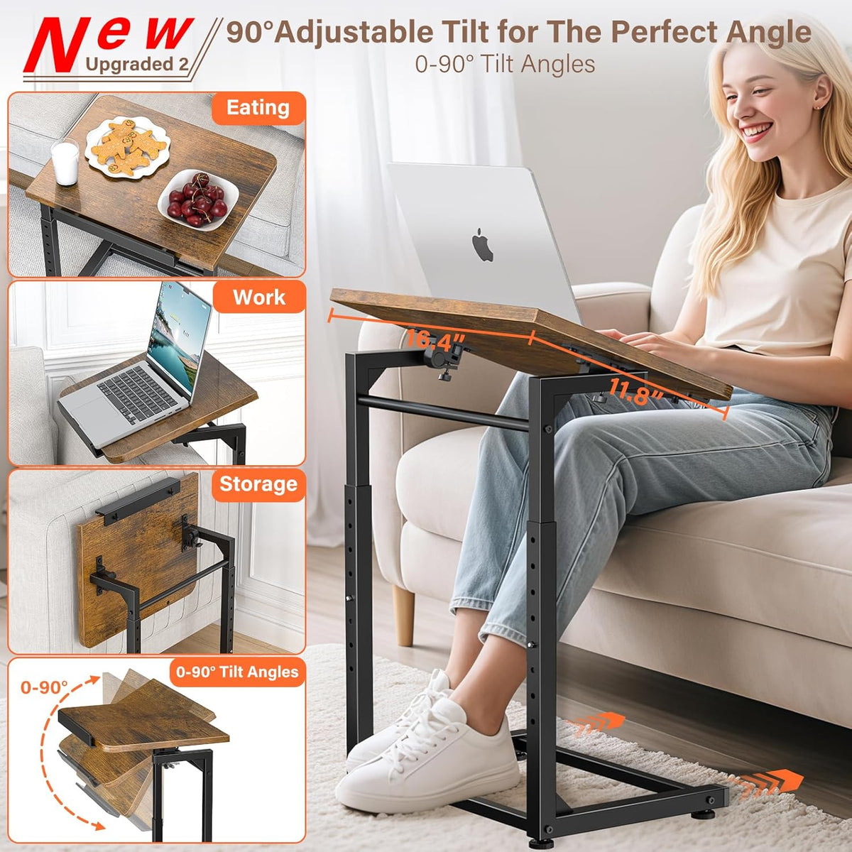 Tv Tray Table, 8-Level Adjustable Height Couch Side Table，90° Tilt Angle Adjustments C-Shaped End Table, with Phone & Tablet Slot Sofa Computer Desk for Couch, Sofa, Bed, Chair, Living Room (Brown)