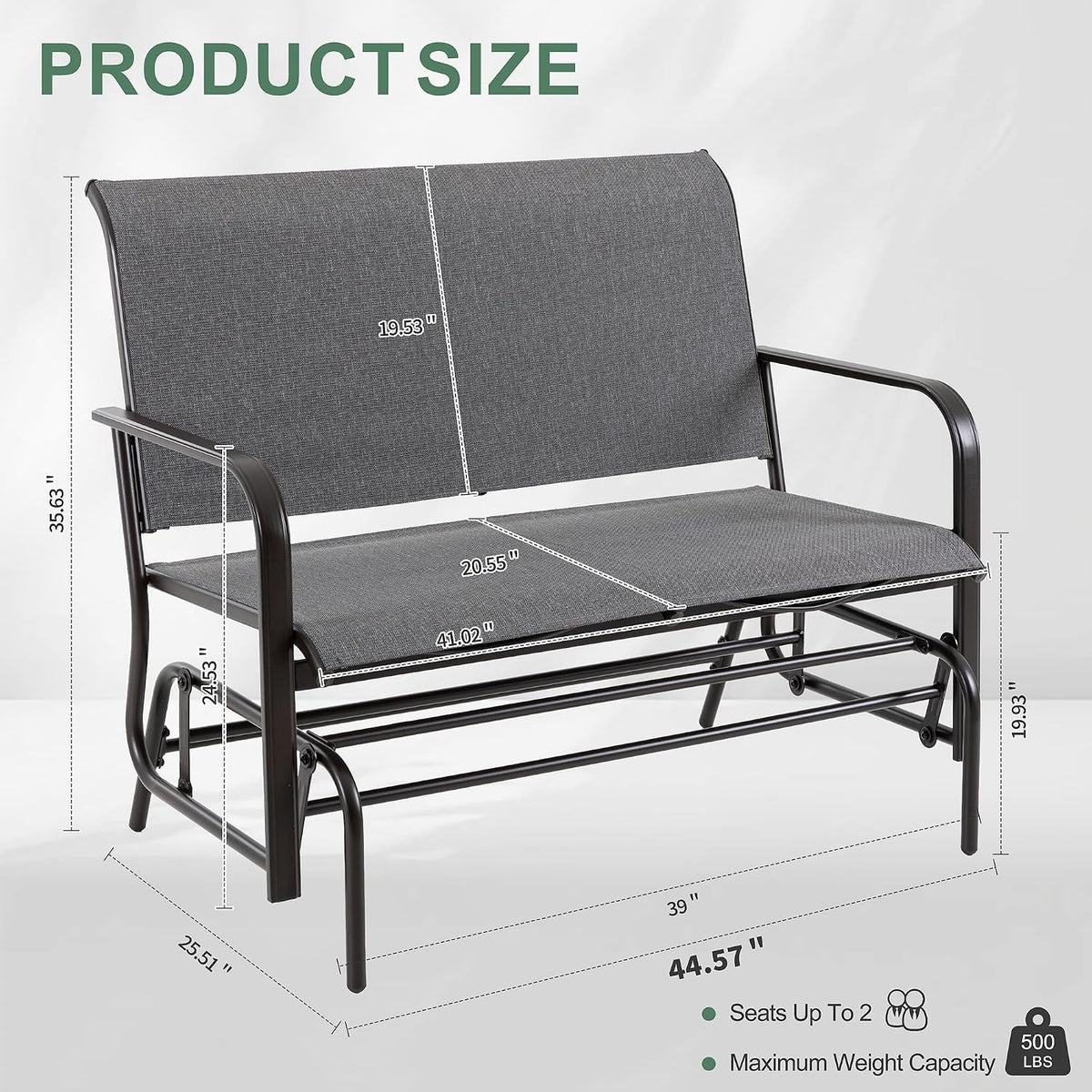 Shintenchi 2-Person Outdoor Glider Bench with Breathable Fabric, Steel Frame Patio Swing Chair, Ergonomic Design Metal Rocking Bench Loveseat for Patio, Backyard, Poolside, Gray
