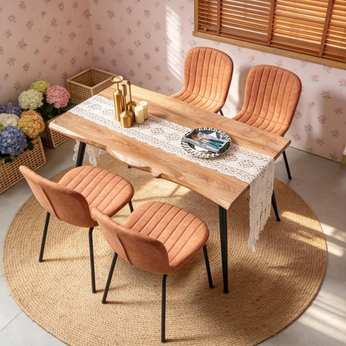 Dining Table Set for 4 with Brown PU Leather Chairs, Mid-Century Modern Rectangle Coffee Table,Kitchen Table and Chairs Set of 4, Perfect for Small Apartment, Home, Dining Room, Breakfast Nook