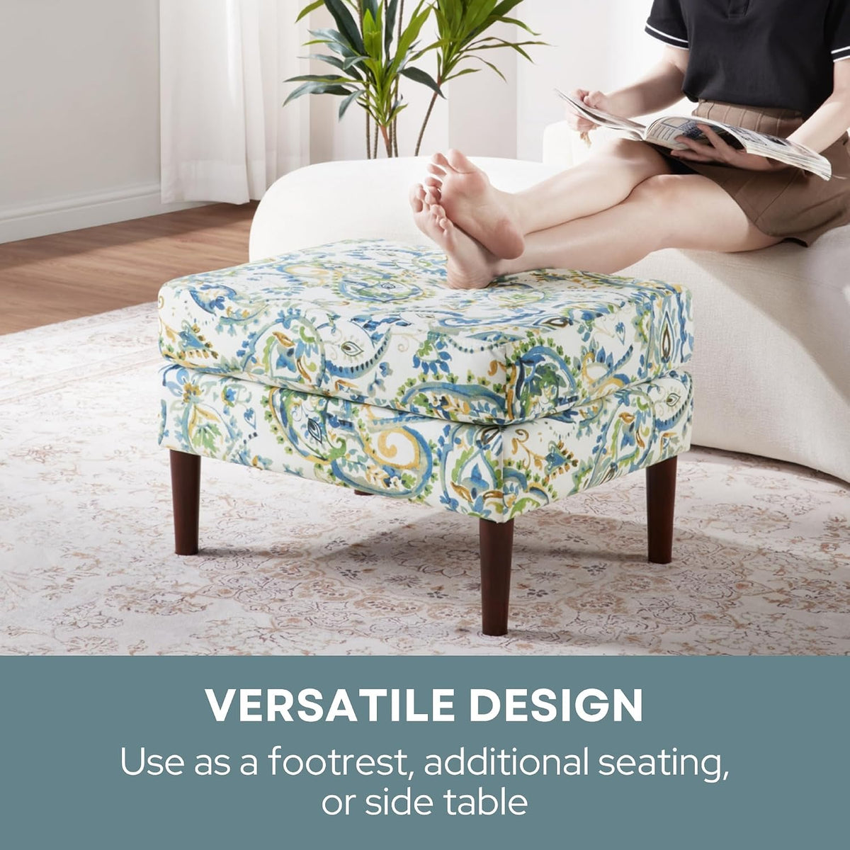 Convenience Concepts Designs4Comfort Marlow Ottoman 27" - Mid-Century Modern Upholstered Footrest & Seat for Living Room, Bedroom, Hallway, or Entryway, Paisley Fabric
