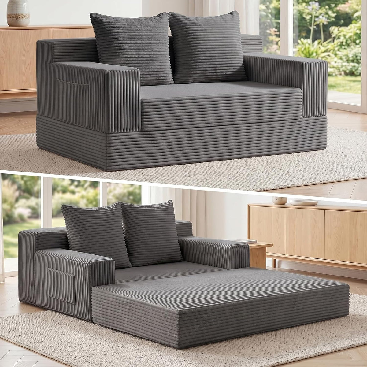Loveseat Small Couch Bed, Futon Sleeper Sofa Bed,Convertible Pull Out Couch with 2 Pillows,Corduroy Folding Floor Couch for Living Room,No Assembly Required,Grey