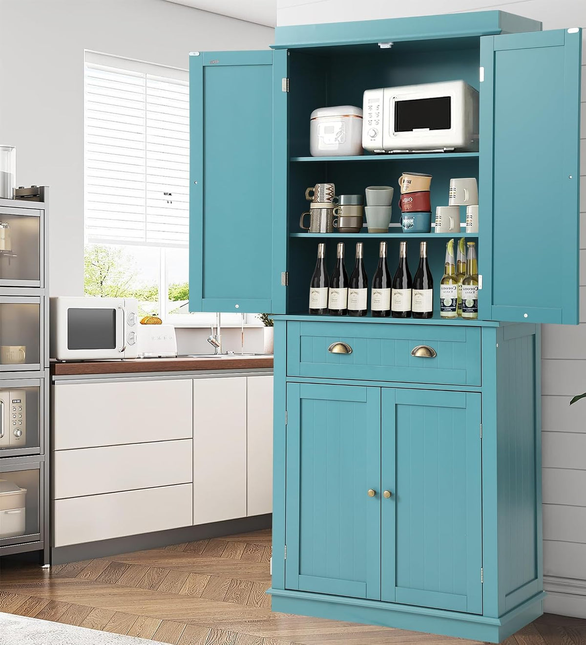 KIGOTY 72" Tall Kitchen Pantry Cabinet with Drawer and 4 Adjustable Shelves, Freestanding Pantry Storage Cabinets, Wood Cupboard Pantry Cabinet for Kitchen, Dining Room, Living Room, Turquoise