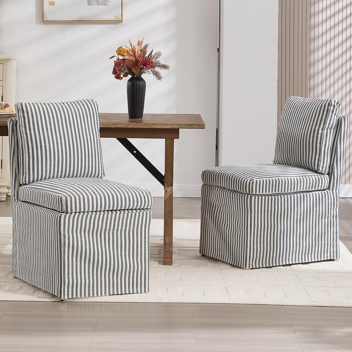 Slipcovered Dining Chairs Set of 2, Farmhouse Upholstered Dining Chair with Solid Wood Legs, Soft Padded Armless Side Chair for Dining/Living/Reading Room, Banquet, Blue Stripe