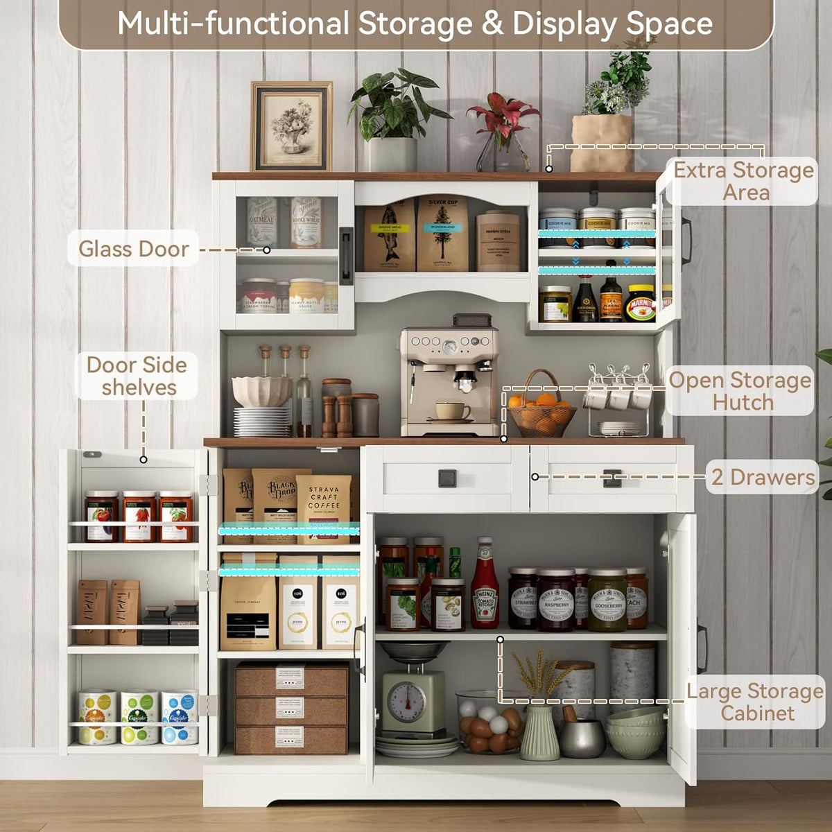Gyfimoie 60" Tall Farmhouse Kitchen Pantry Storage Cabinet,Kitchen Hutch with Microwave Stand,Freestanding Buffet Pantry Cabinet with Glass Door and Adjustable Shelves for Dining Room (White)