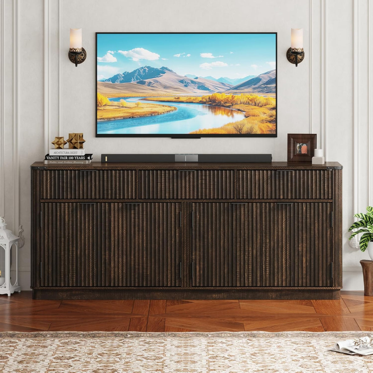 70” Rounded Edge Large Sideboard Buffet Cabinet with 3 Storage Drawers,Farmhouse Kitchen Fluted Sideboard Cabinet w 4 Door Shelves,Wood Coffee Bar Cabinets,Kitchen Pantry (Rustic Brown)