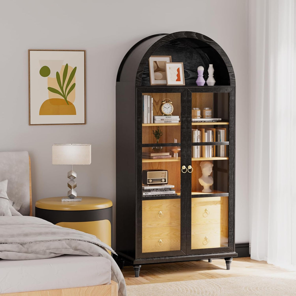 YESHOMY Kitchen Pantry Cabinet, 71" Arched Storage Cabinets Tall Pantry, Bookshelf, with Large Drawers, Shelves and Glass Doors, Farmhouse Cupboard, for Living Room, Dining Room(Black)