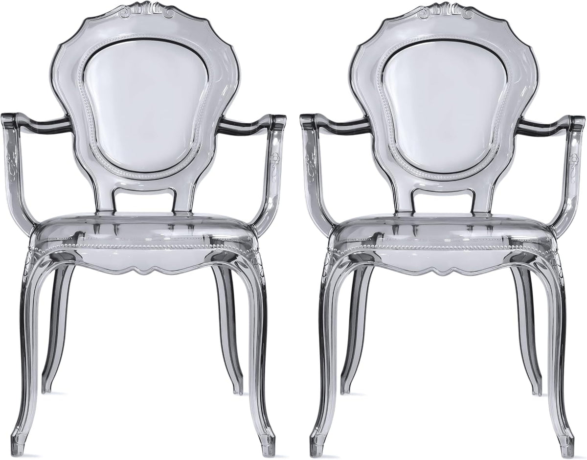 2xhome Stackable Ghost Dining Chair | Transparent Vanity Armchair | Louis Belle Style Kitchen Patio Chair Parent (2, Smoke, Armchair)