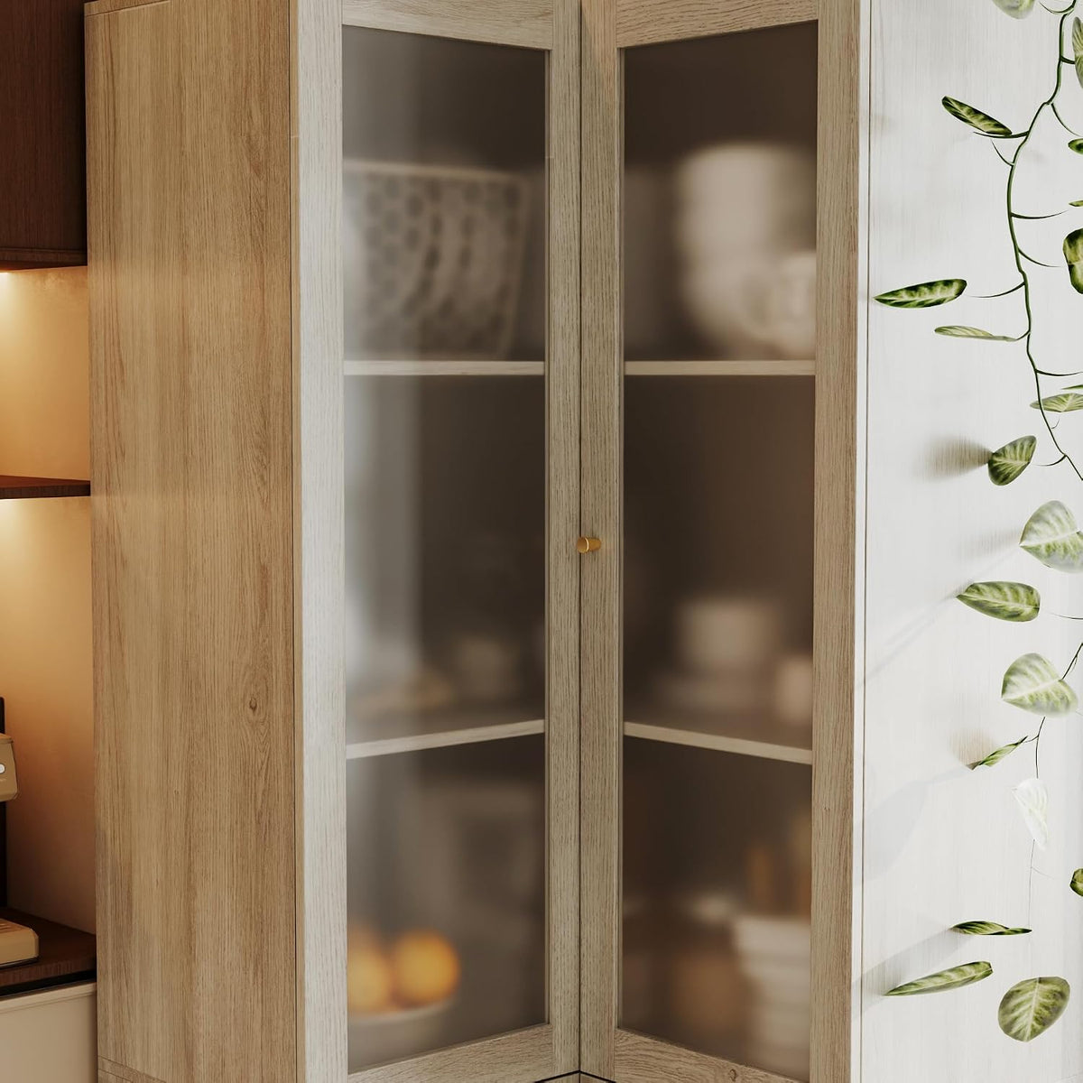 70.9" H L-Shaped Kitchen Pantry with Glass Doors, Modern Corner 4-Tiered Cupboard with Gold Handles & Wood Grain, Tall Display Storage Cabinet with Shelves for Living Dining Room, Natural