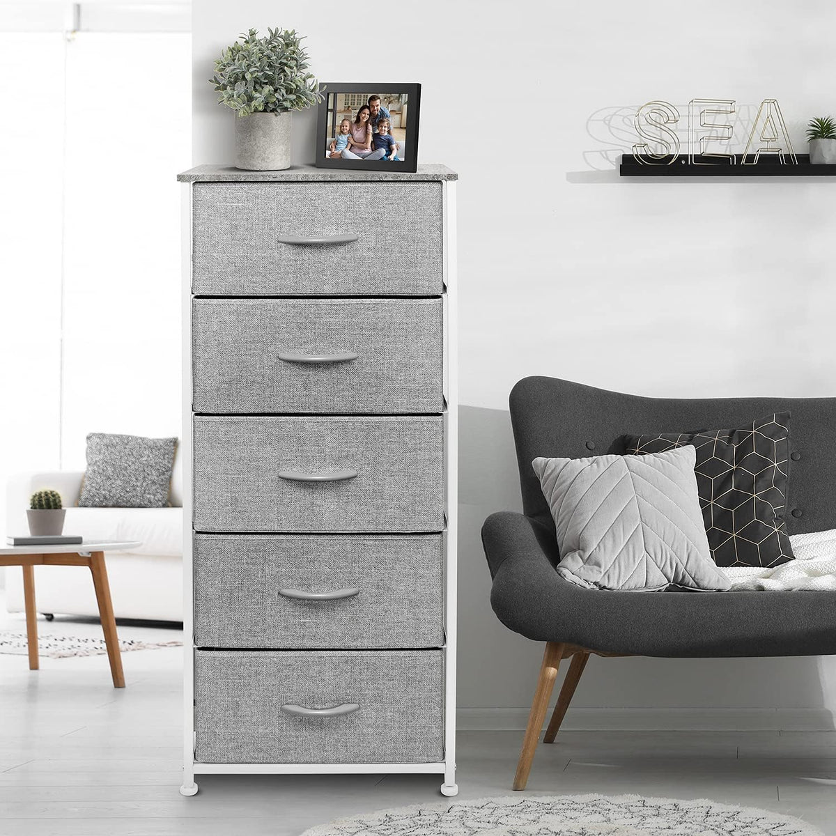Sorbus Nightstand with 5 Drawers - Bedside Furniture & Night Stand End Table Dresser with Steel Frame, Wood Top, Easy Pull Fabric Bins for Home, Bedroom Accessories, Office & Dorm