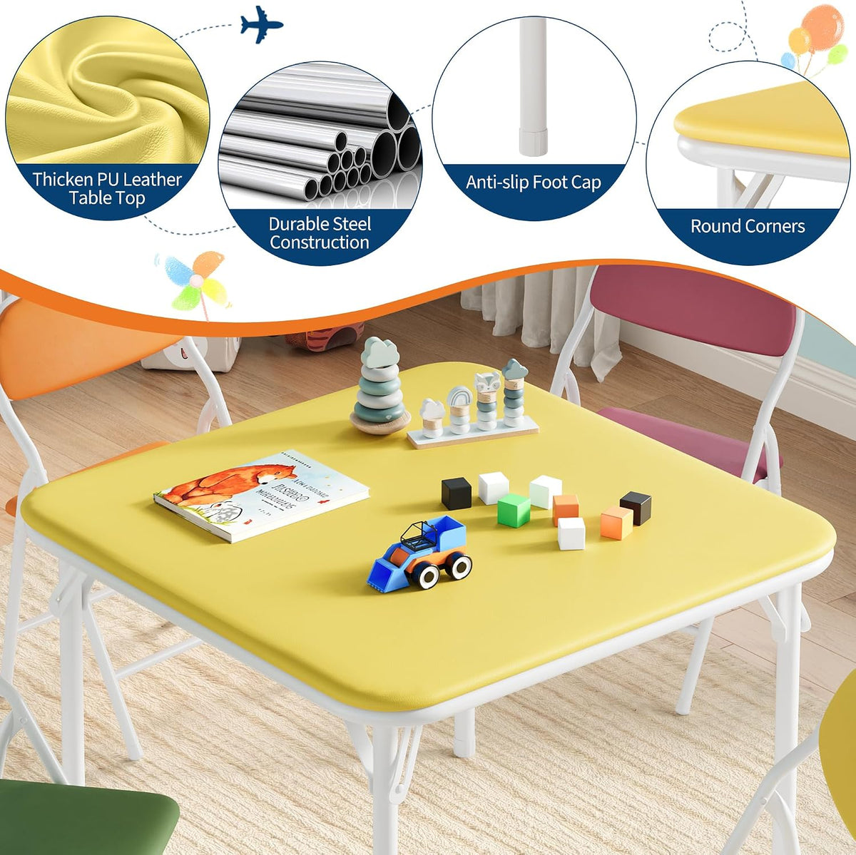 IDEALHOUSE 3 Piece Folding Kids Table and Chairs Set, Activity Table Set | 5 Piece Set for Dining Room,Daycare,Classrooms