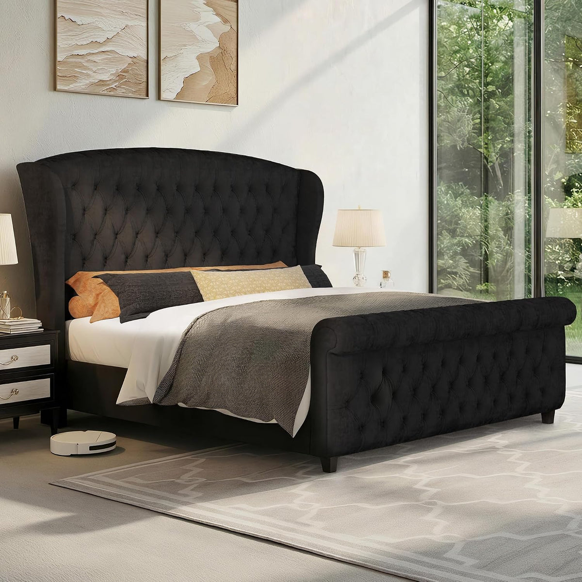 LUXOAK King Size Upholstered Sleigh Bed Frame with Tufted Headboard