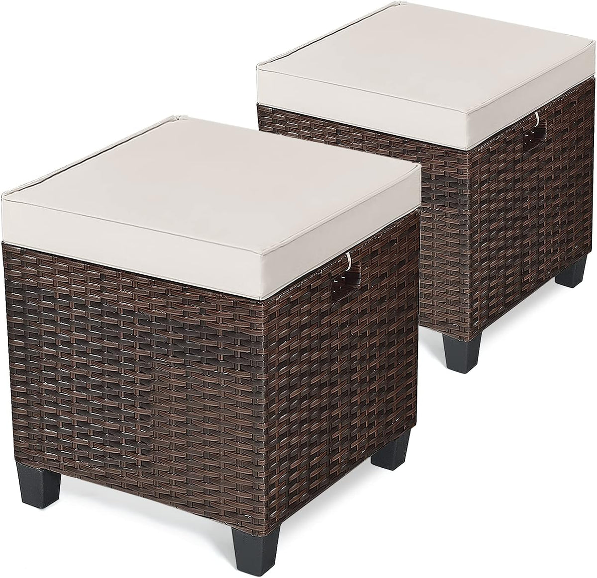ORALNER Set of 2 Outdoor Ottoman, 16" Wicker Footstools, All-Weather Rattan Cube Foot Stool w/Removable Cushions, Square Footrest Extra Seating for Patio, Porch, Deck, Easy Assembly (Light Brown)