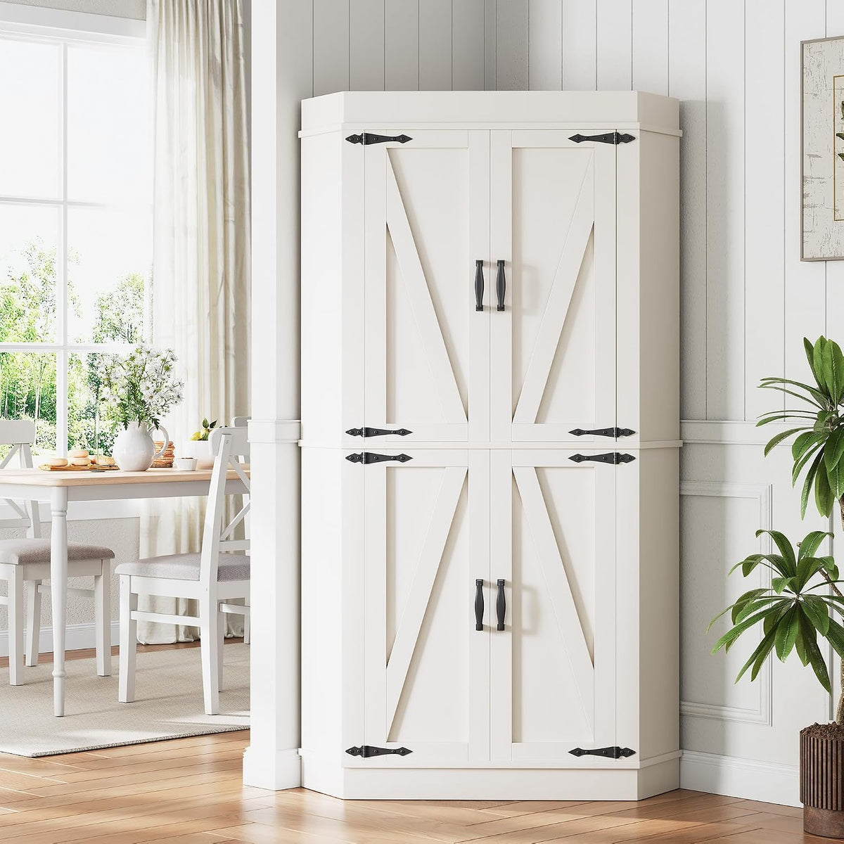 Corner Cabinet,71'' Kitchen Pantry Storage Cabinet with 4 Doors and Shelves, Tall Food Pantry Storage Cabinet Farmhouse Furniture for Kitchen Dining Room, White