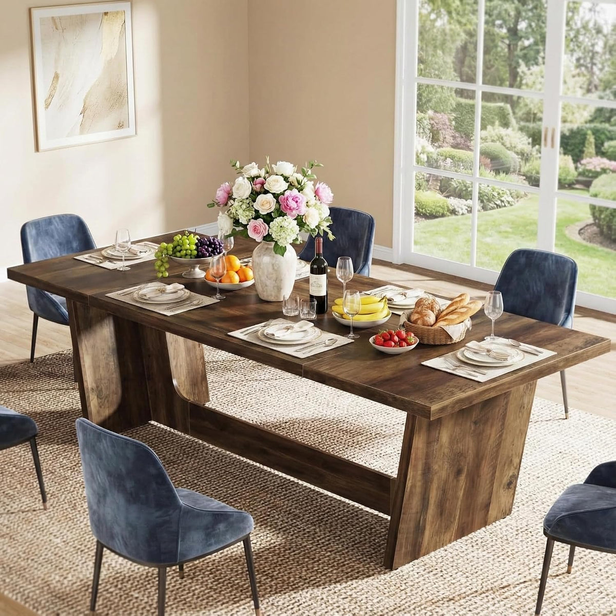 Lailang 71 Inch Dining Table, Rectangular Kitchen Tables, Pedestal Dinner Tables, Rustic Wood Dining Tables, Dining Room Table for 8, Large Table, 71 x 31 x 30 Inch, Rustic Brown