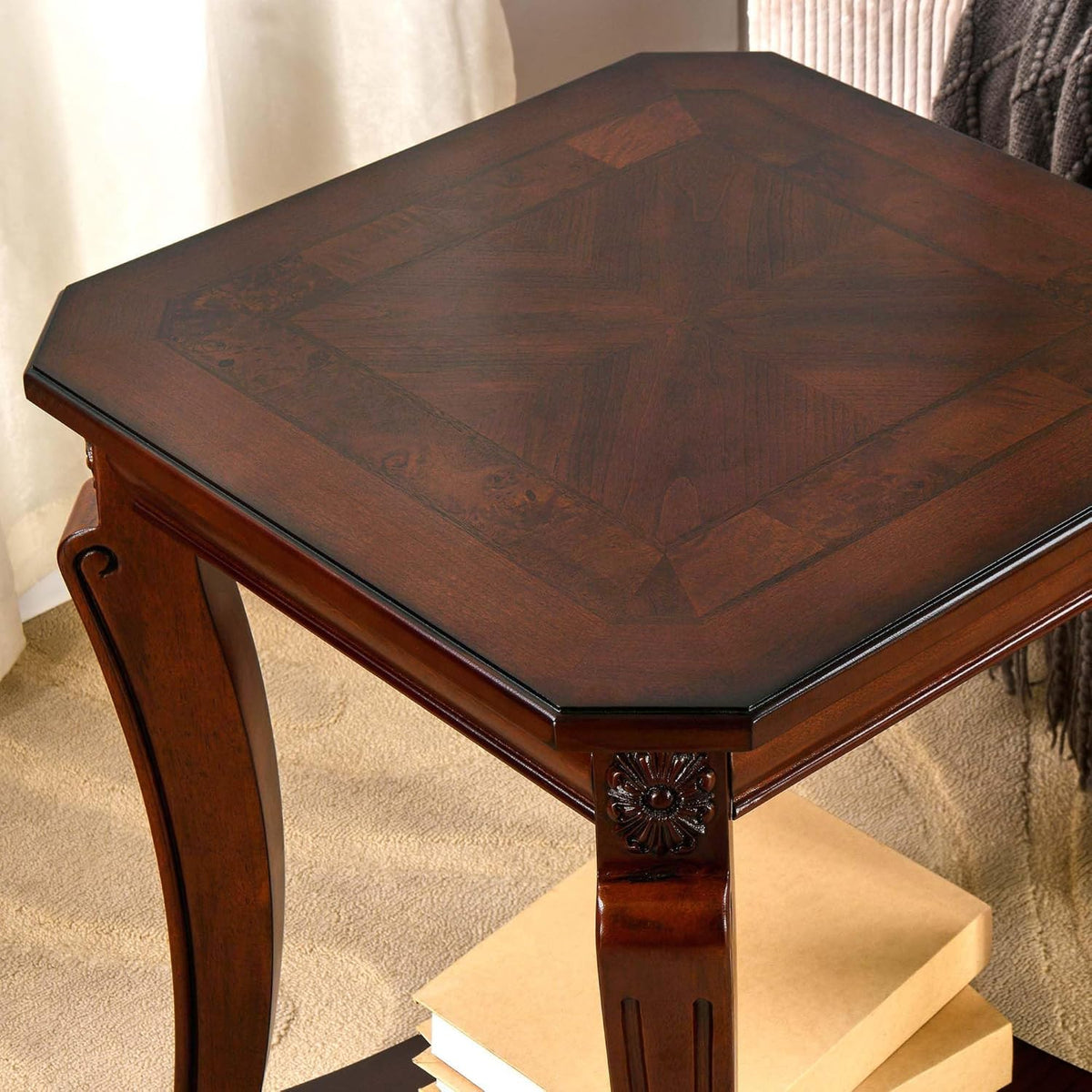 LEEMTORIG Solid Wood End Table for Living Room, 2-Tier Square Cherry Wood Nightstand, Mid Century Queen Anne Style Antique Side Table, 19.7" D x 19.7" W x 23.8" H, Cherry Walnut CJZ-A1168-WD