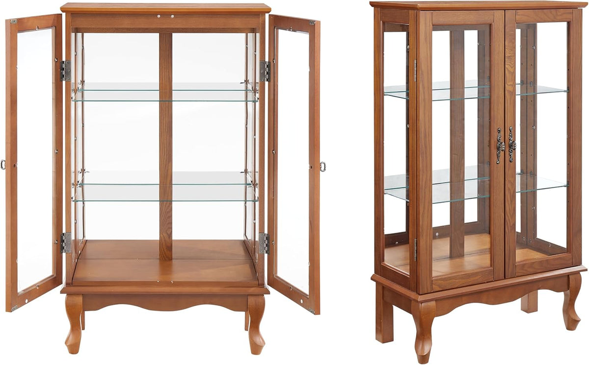 3-Tier Lighted Glass Display Curio Cabinet with 2 Tempered Glass Doors,Curio Case with Mirrored Back Panel & Adjustable Shelves,Wine Artwork Display Cabinet for Living Room,Kitchen(Oak_2)