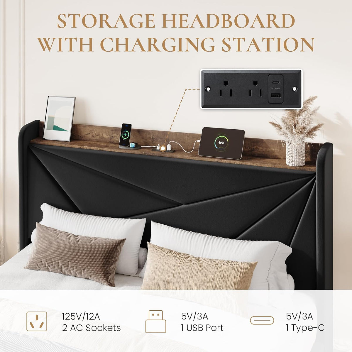 SHA CERLIN Queen Bed Frame, Storage Headboard with Drawers, Charging, Black