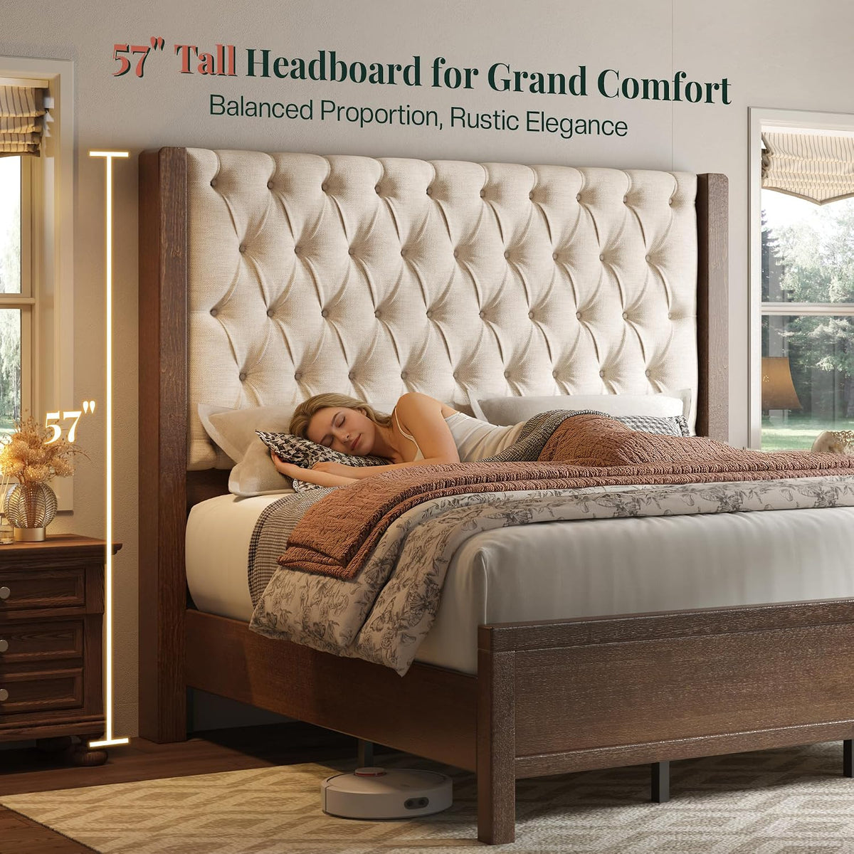 Jocisland King Size Solid Wood Bed Frame,57" Wingback Headboard,Walnut