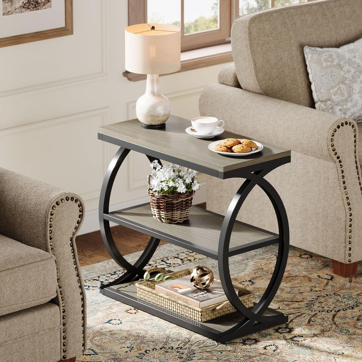 Tribesigns End Table, Narrow 3-Tier End Table for Living Room, Industrial Wooden Side Table with Metal Frame, Small Bedside Nightstand for Bedroom, Small Spaces, Grey