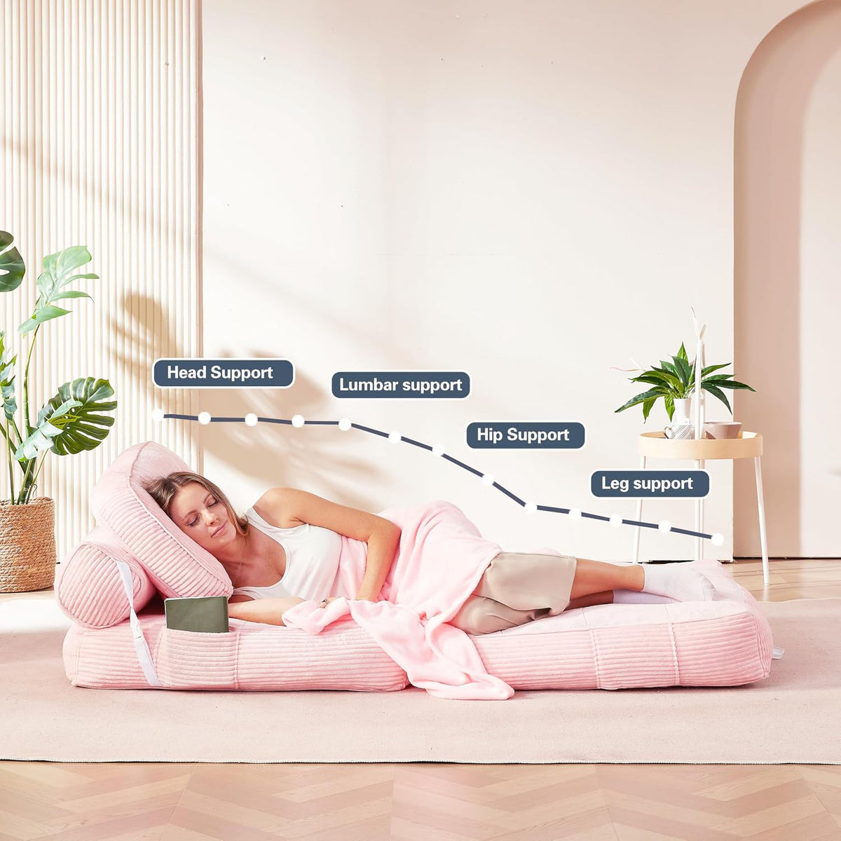 Folding Sofa Bed, Flannel Futon Couch Bed with Pillow and Blanket, Convertible Sleeper Chair for Living Room Bedroom, Pink