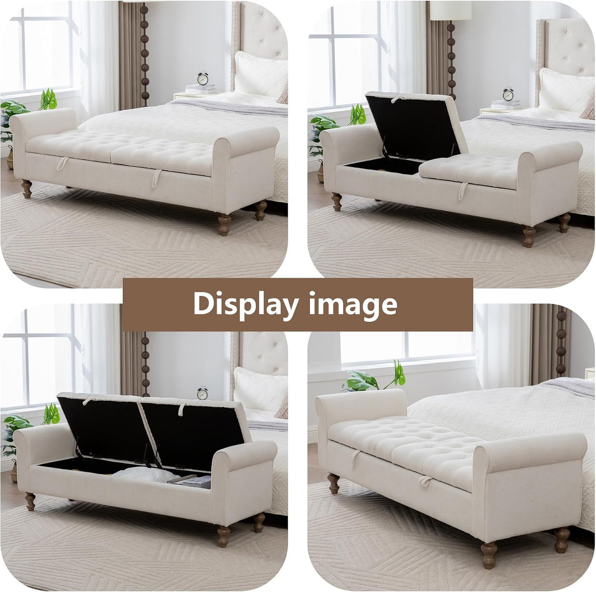 66" End of Bed Storage Bench King Size Beige,Napped Fabric Window Bench with Dual-Opening Compartments,Long Tufted Storage Bench Living Room,Bedroom,Entryway