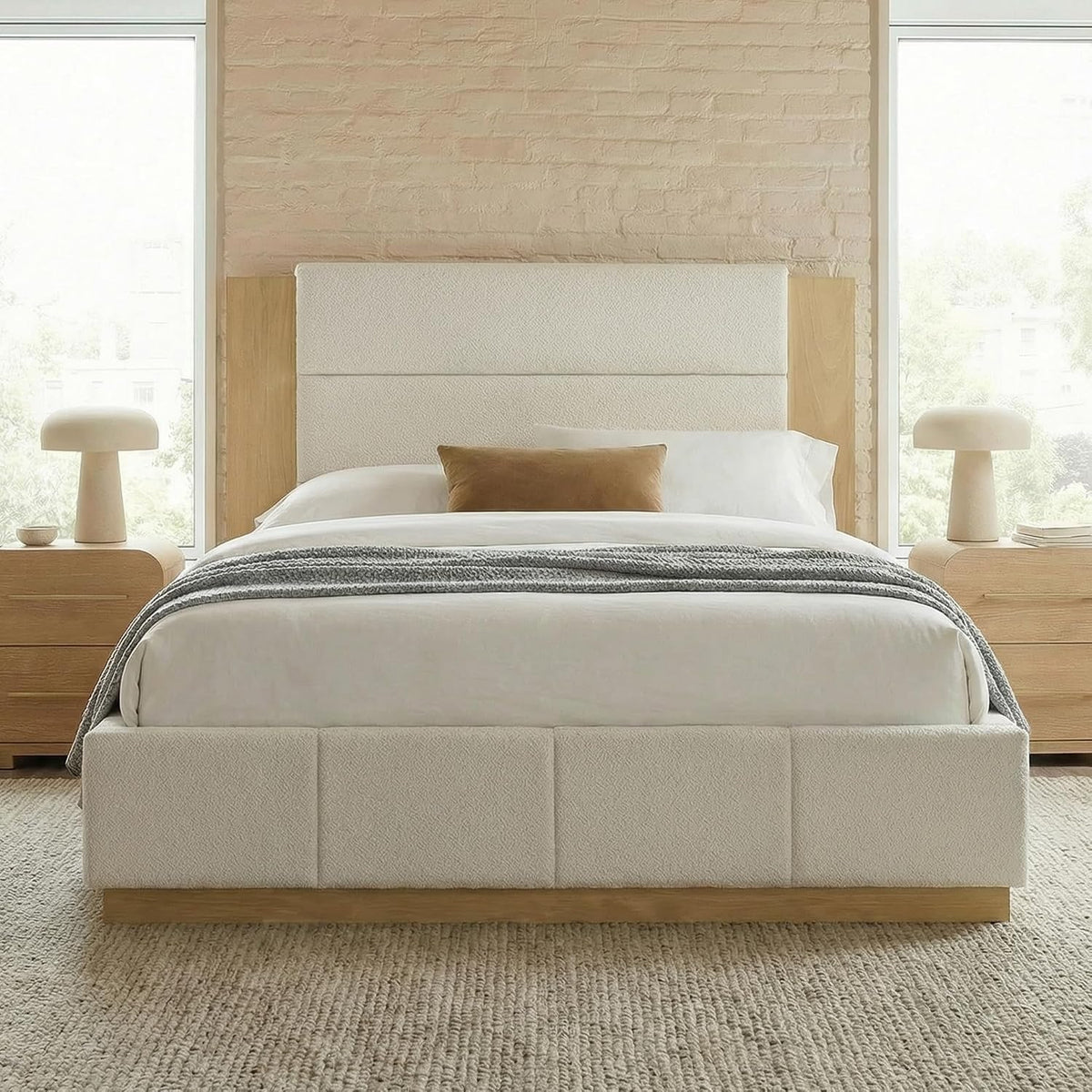 GDFStudio Queen Size Upholstered Platform Bed Frame with Extended Wood Headboard, 49'' Tall High Headboard Modern Bed Frame, Wood Plinth Base, No Box Spring Needed, Easy Assembly, White Boucle