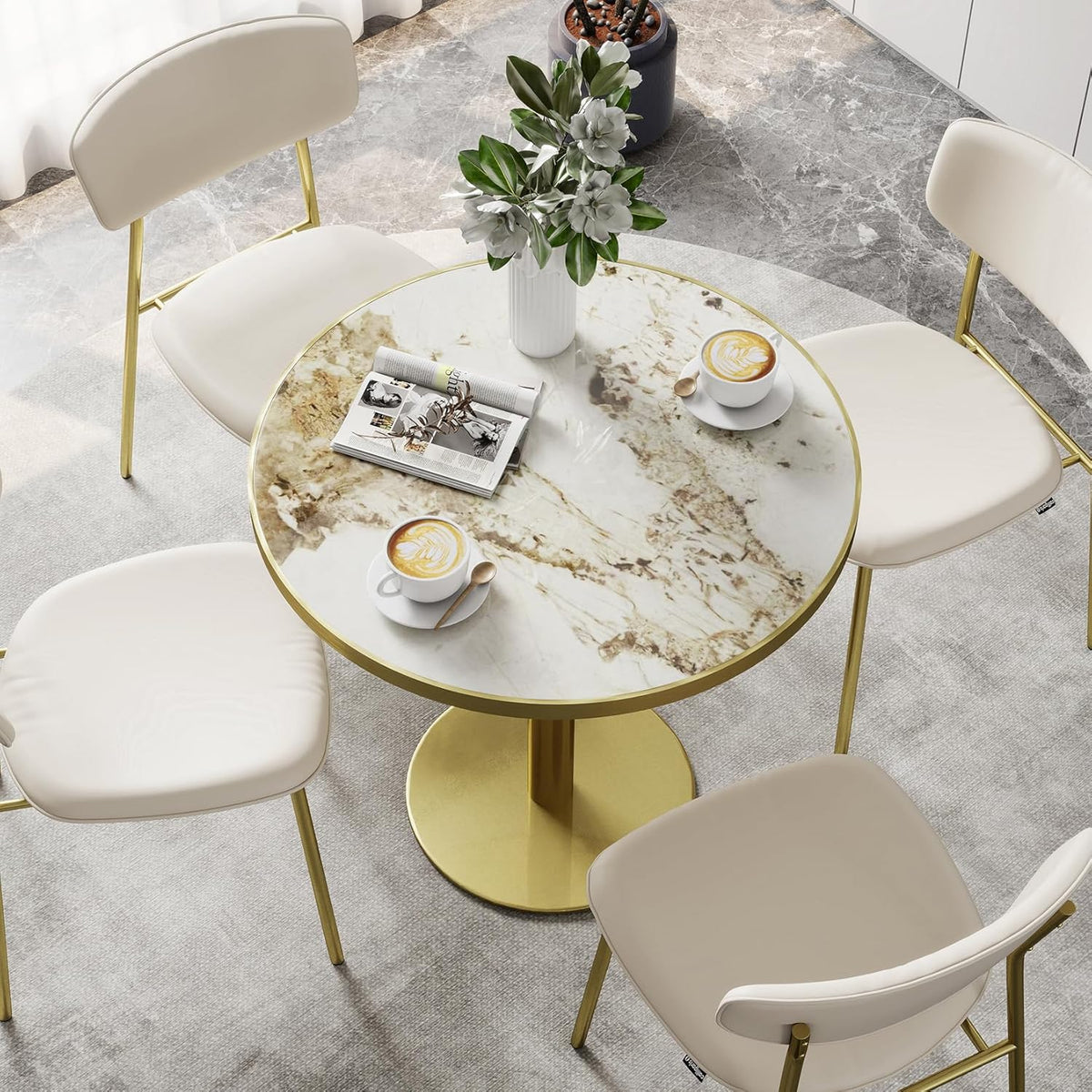 31.5" Tulip Table with Sintered Stone Tabletop and Golden Metal Pedestal, Small Round Dining Table for 2-4 Person, Modern Bistro Table for Kitchen, Small Spaces, Living Room, Cafe (Glossy Pandora)